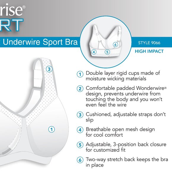 Glamorise 36H High-Impact SPORT Bra Underwired WICKS-U-DRY SUPPORT White NEW - Picture 6 of 16